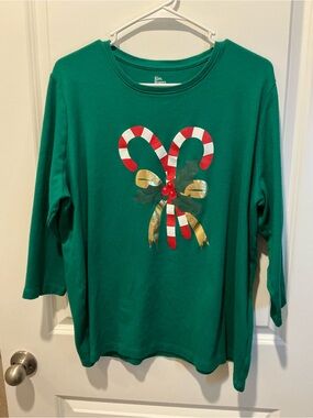 Kim Rogers Green Long Sleeve Top with Candy Cane Graphic